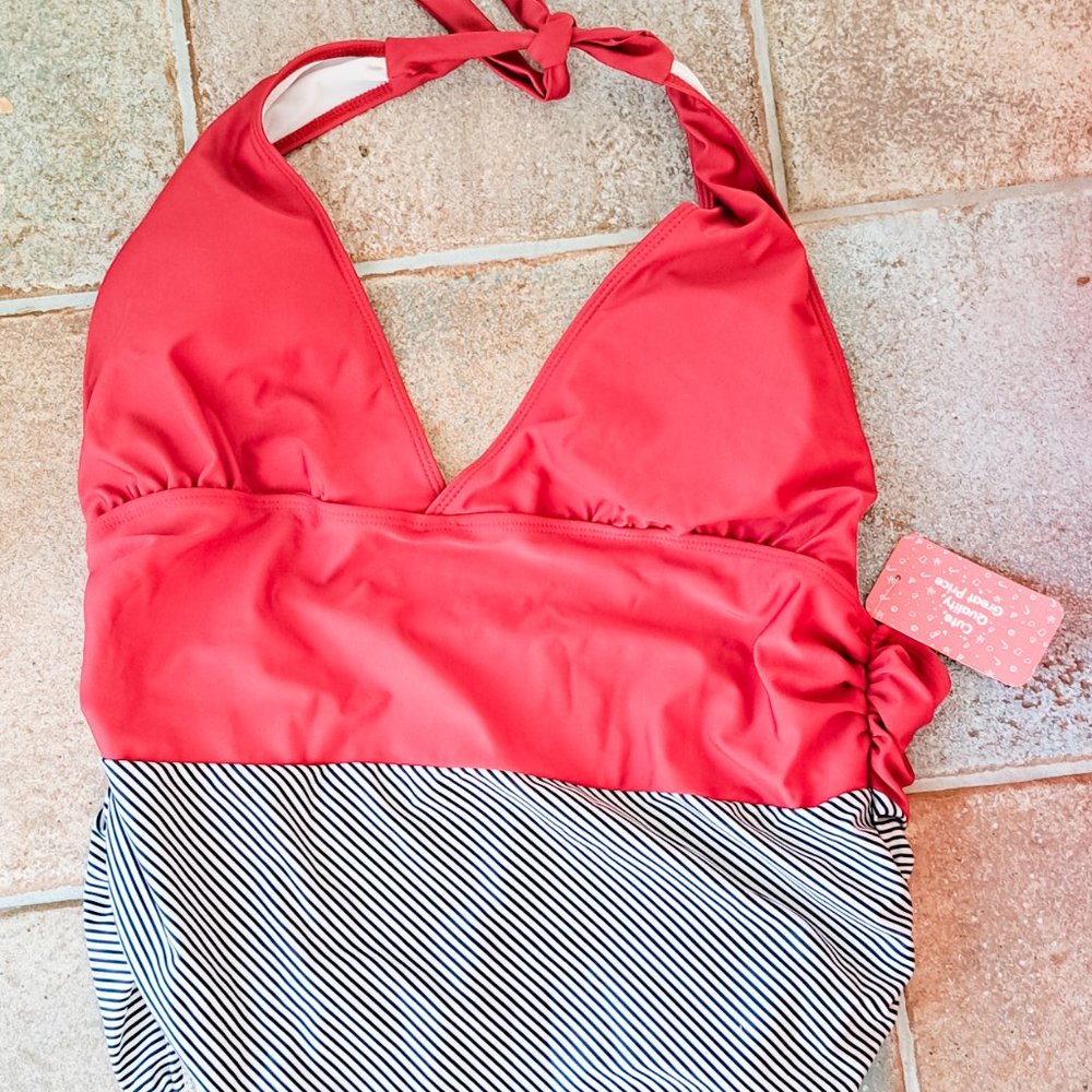 NWT Maternity Swimsuit,  XL, Halter neck, striped lower